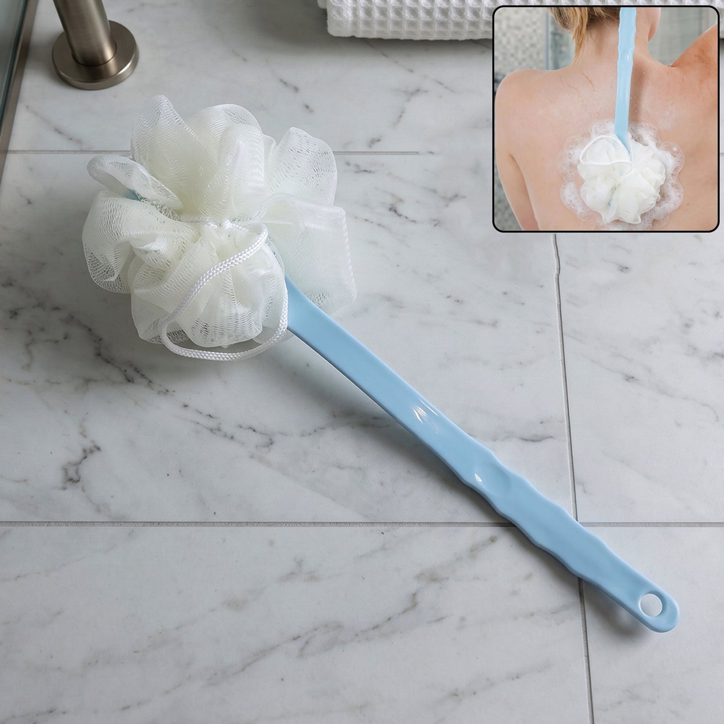 Wukusy long handle shower brush back scrubber with 33 cm handle for easy body cleansing and exfoliation.