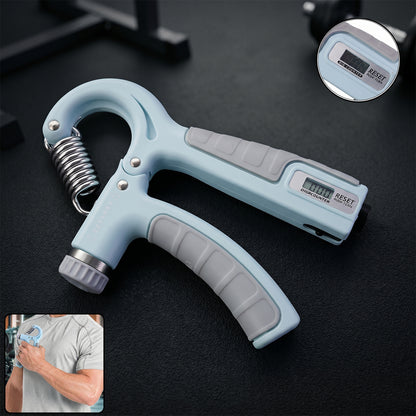 Wukusy adjustable hand grip strengthener for forearm exercise, close-up of the black and red hand exerciser with textured grip.