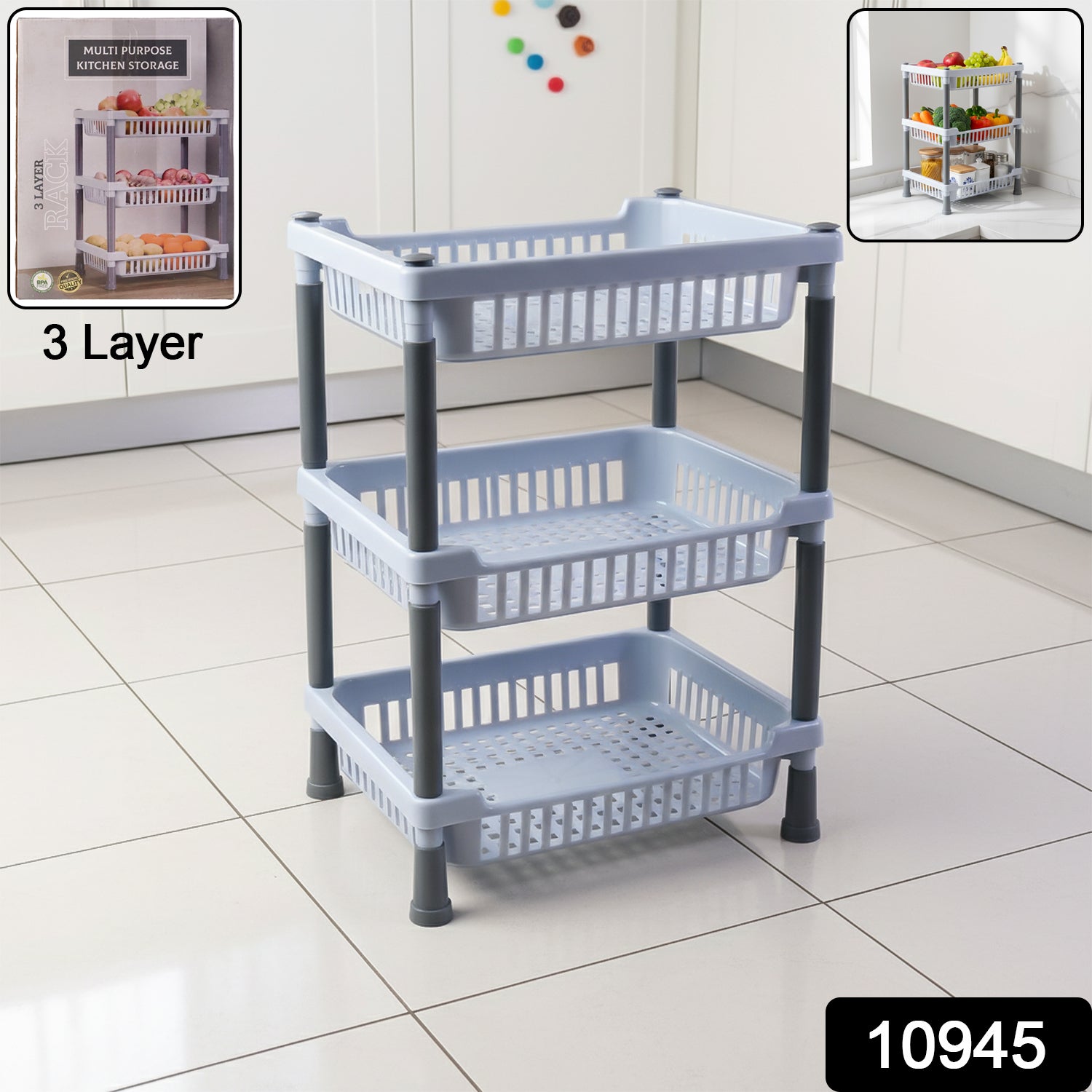 Wukusy 3-layer multipurpose kitchen storage basket rack with metal frame and plastic trays for organized countertop or pantry storage.