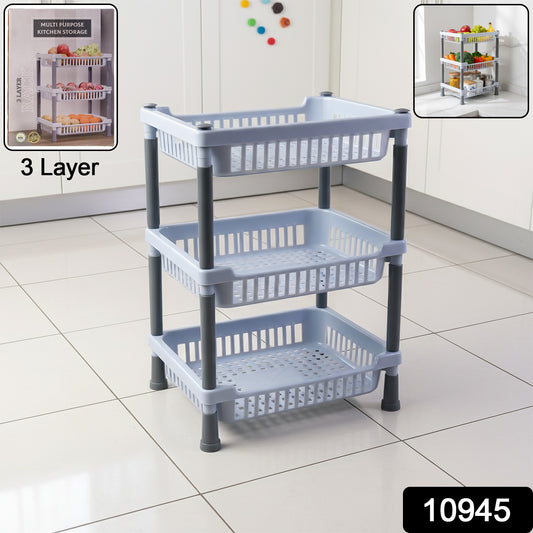 Wukusy 3-layer multipurpose kitchen storage basket rack with metal frame and plastic trays for organized countertop or pantry storage.