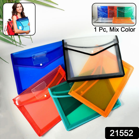 Wukusy transparent document file folder with multi-color button closure, showing colorful file bag open with papers inside.