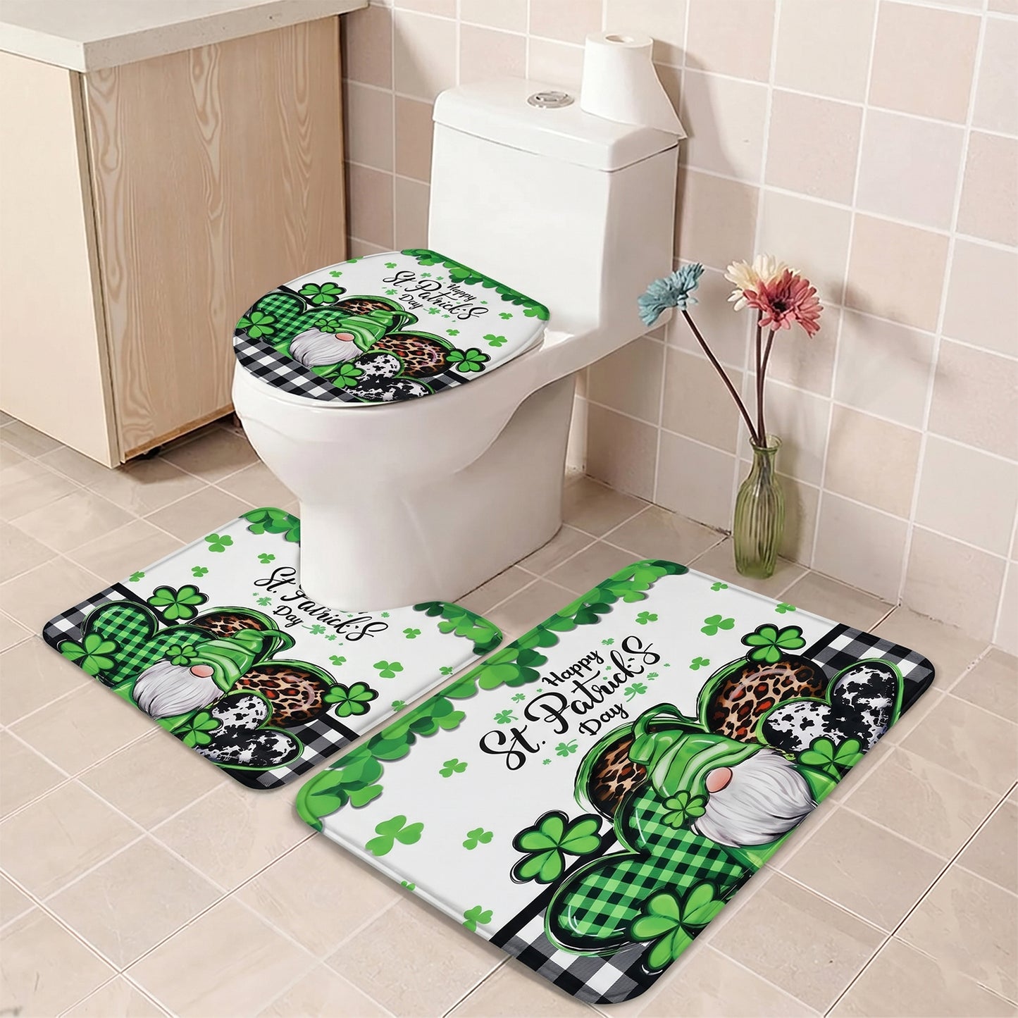 Wukusy 3-in-1 bathroom mat set with mixed design, including non-slip bath mats and a shower curtain for modern bathroom decor.