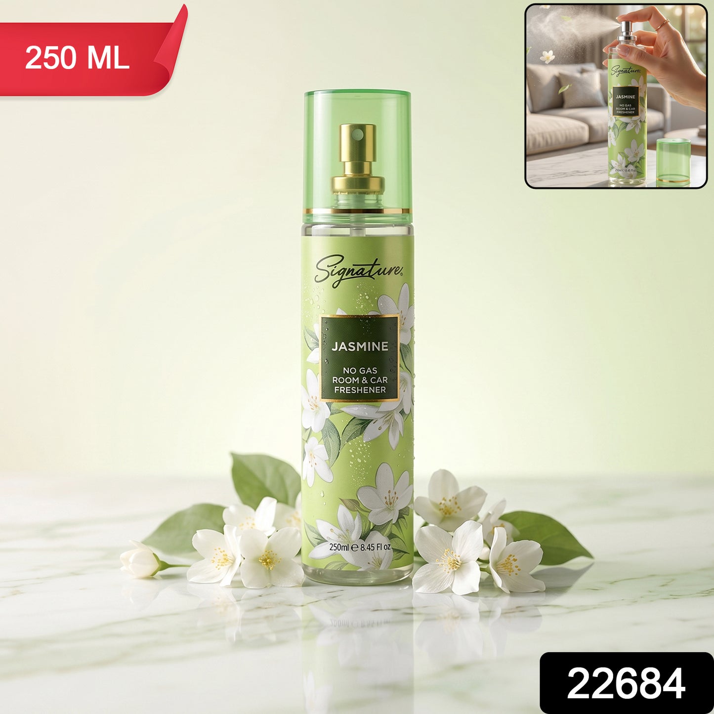Wukusy Signature Jasmine Room Car Freshener Spray 250ml bottle with jasmine floral design and spray nozzle.