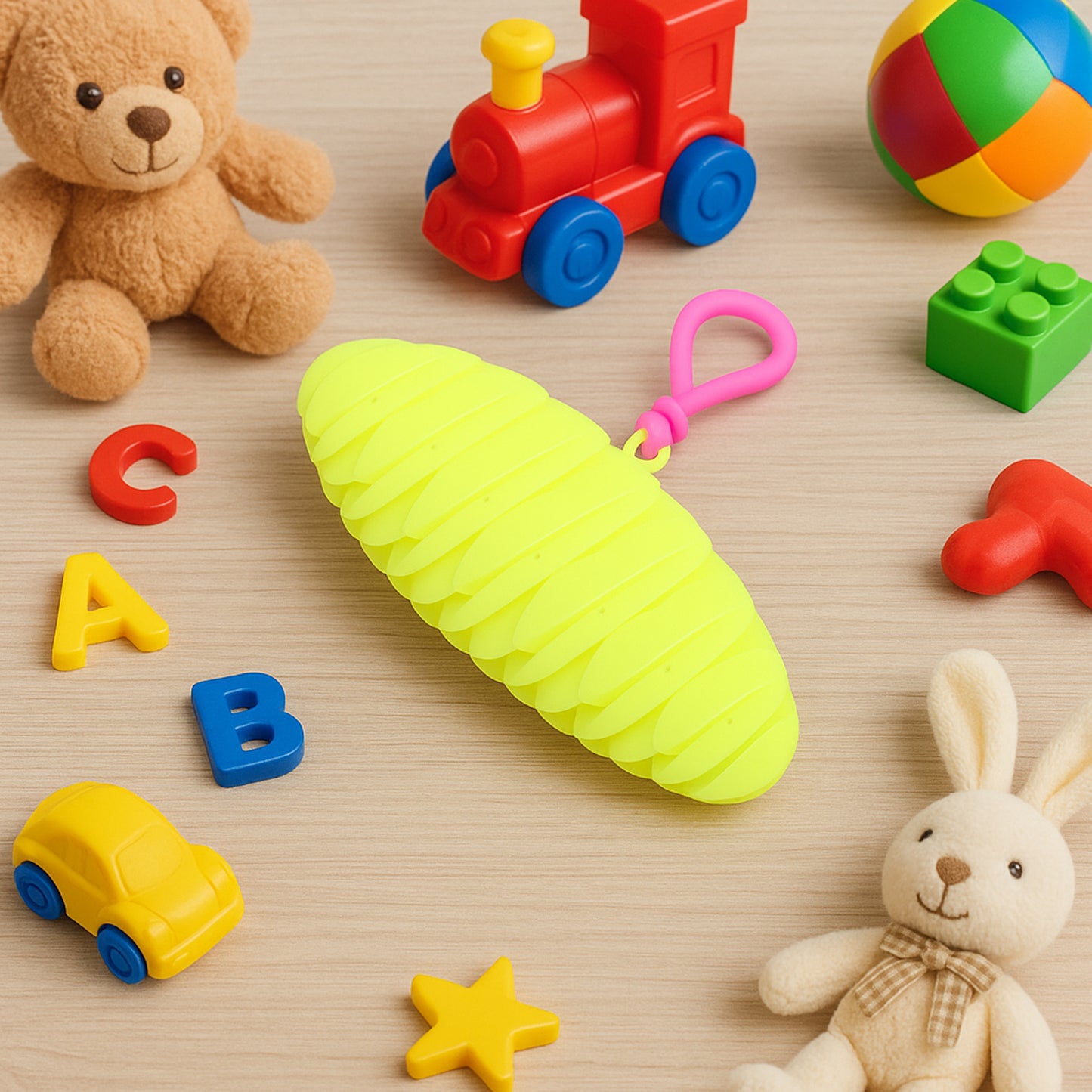 Flexible plastic worm fidget toy by Wukusy, shows a colorful, bendable toy designed for sensory and stress relief.