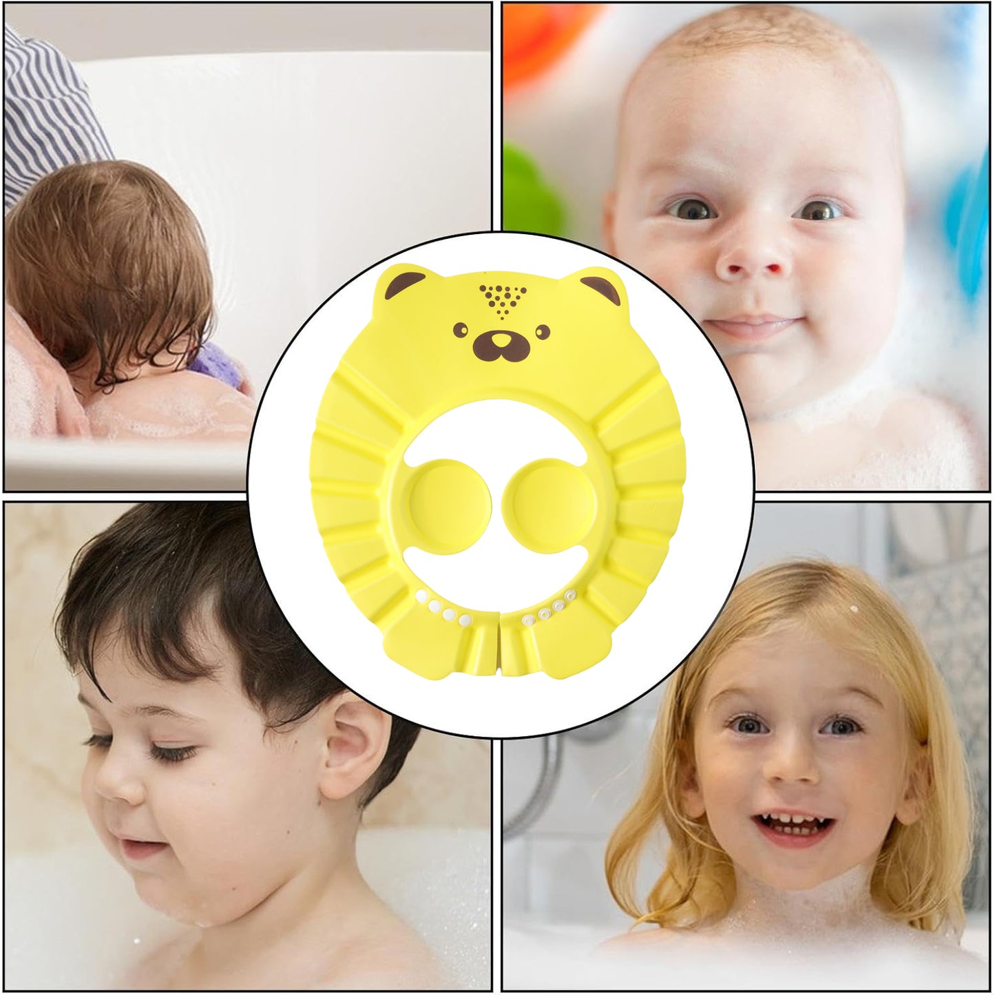 Wukusy cute cartoon baby shower cap shampoo bath hat on a baby, waterproof and soft for gentle hair washing.