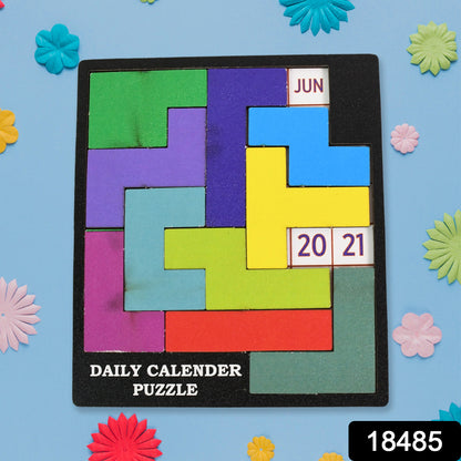 Colorful wooden daily calendar puzzle by Wukusy featuring interlocking pieces for educational play and daily organization.