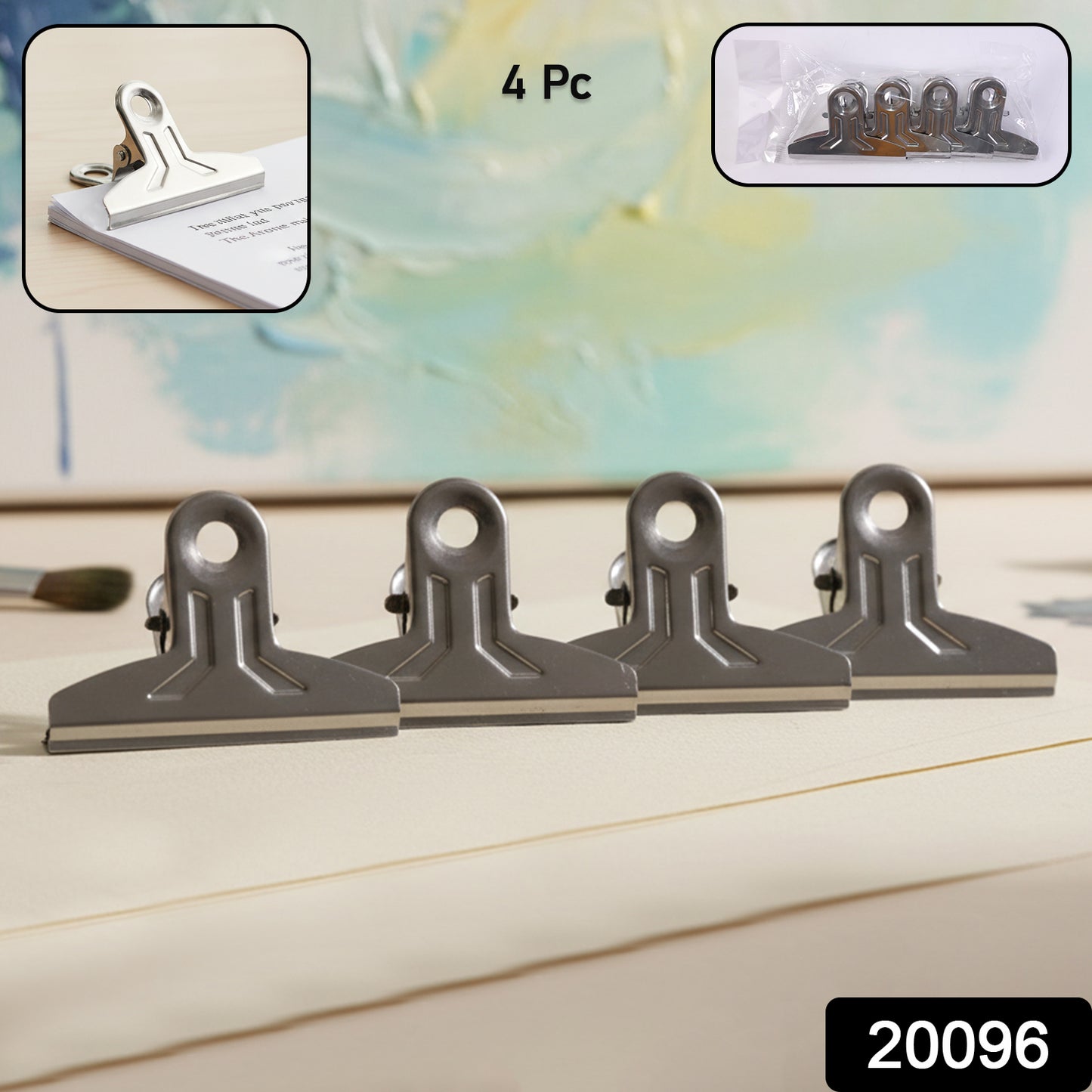 Set of four heavy-duty metal paper clamp clips by Wukusy, showing sturdy metal construction and secure grip for documents.