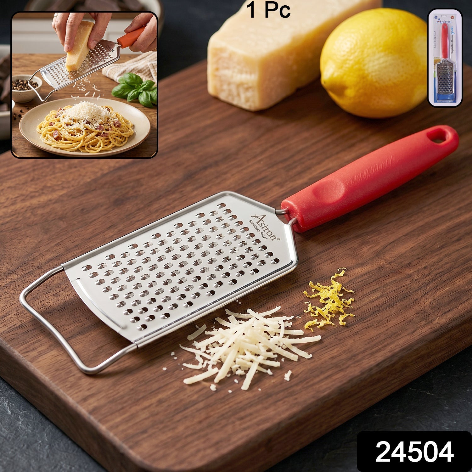Wukusy handheld cheese grater with plastic handle, designed for grating vegetables, lemon zest, and cheese, shown with grating surface visible.
