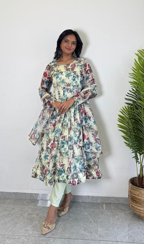 Elegant white organza flore printed Anarkali kurti for women from Drpshippr Women's Collection, featuring intricate floral patterns.
