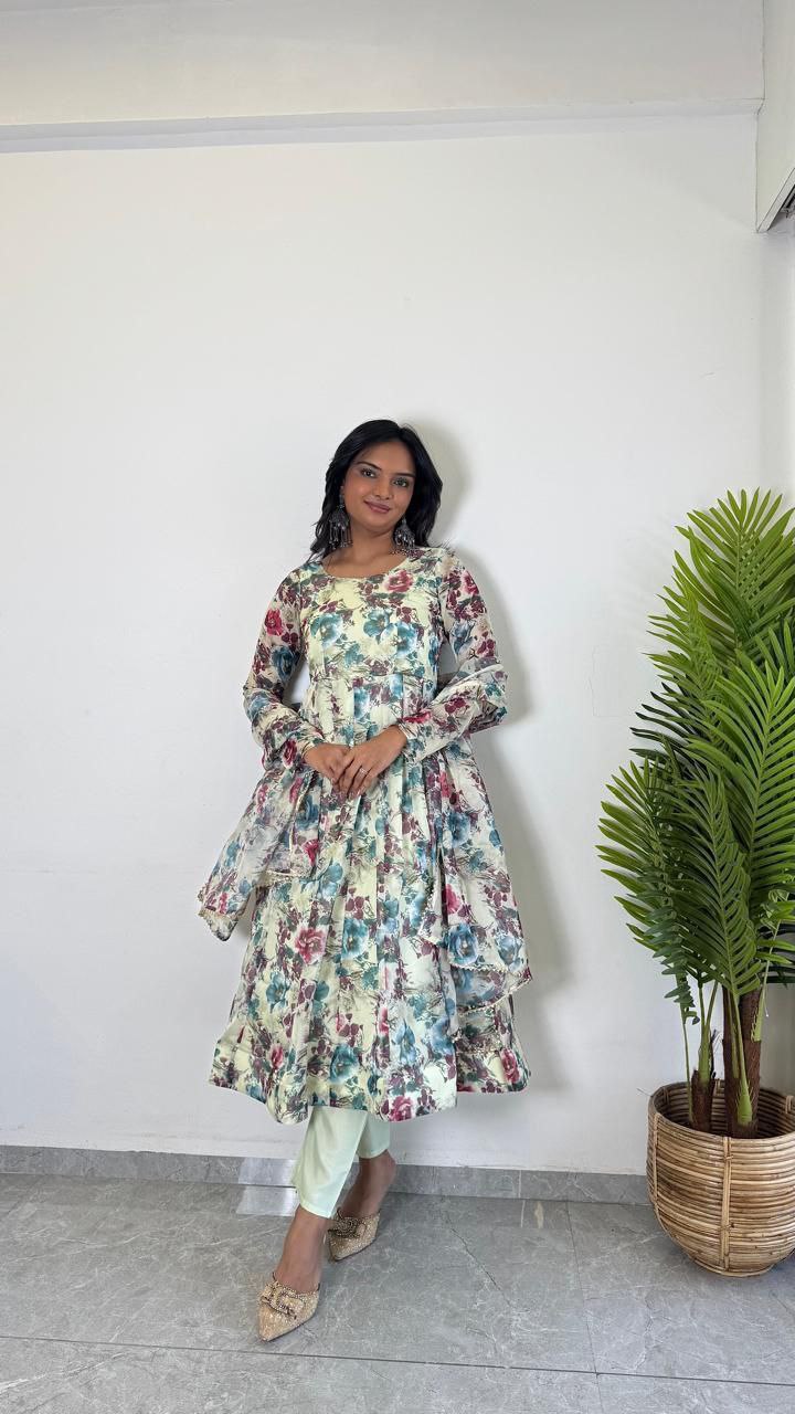 Elegant women's organza Flore printed Anarkali kurti with three-piece set from Drpshippr, showcasing intricate floral design and flowy fabric.