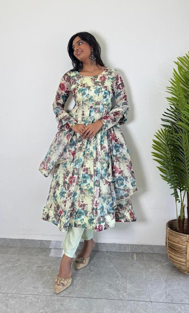 Elegant white organza flore printed Anarkali kurti from Drpshippr's Women's Collection, featuring intricate floral patterns and a flowing silhouette.