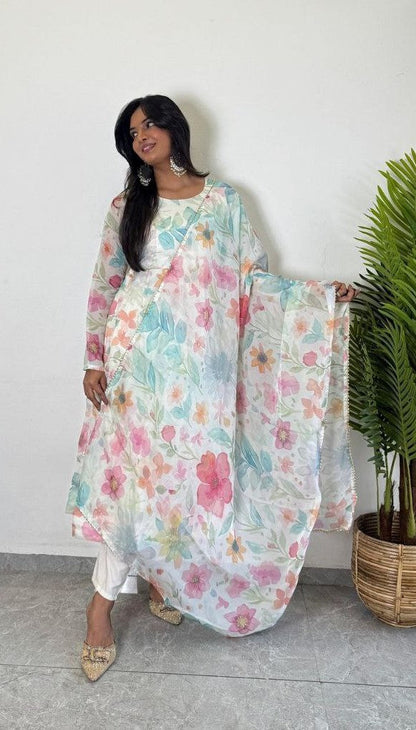 Elegant organza flore printed Anarkali kurti for women by Drpshippr, featuring intricate floral designs and a 3-piece satin finish.