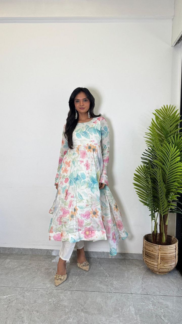 Elegant women's organza flore printed Anarkali kurti with 3-piece set by Drpshippr, featuring intricate floral designs on lightweight fabric.