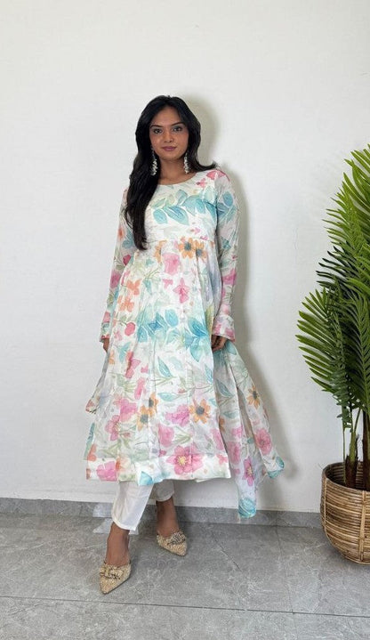 Elegant women's organza flore printed Anarkali kurti with 3-piece set from Drpshippr in vibrant floral design.