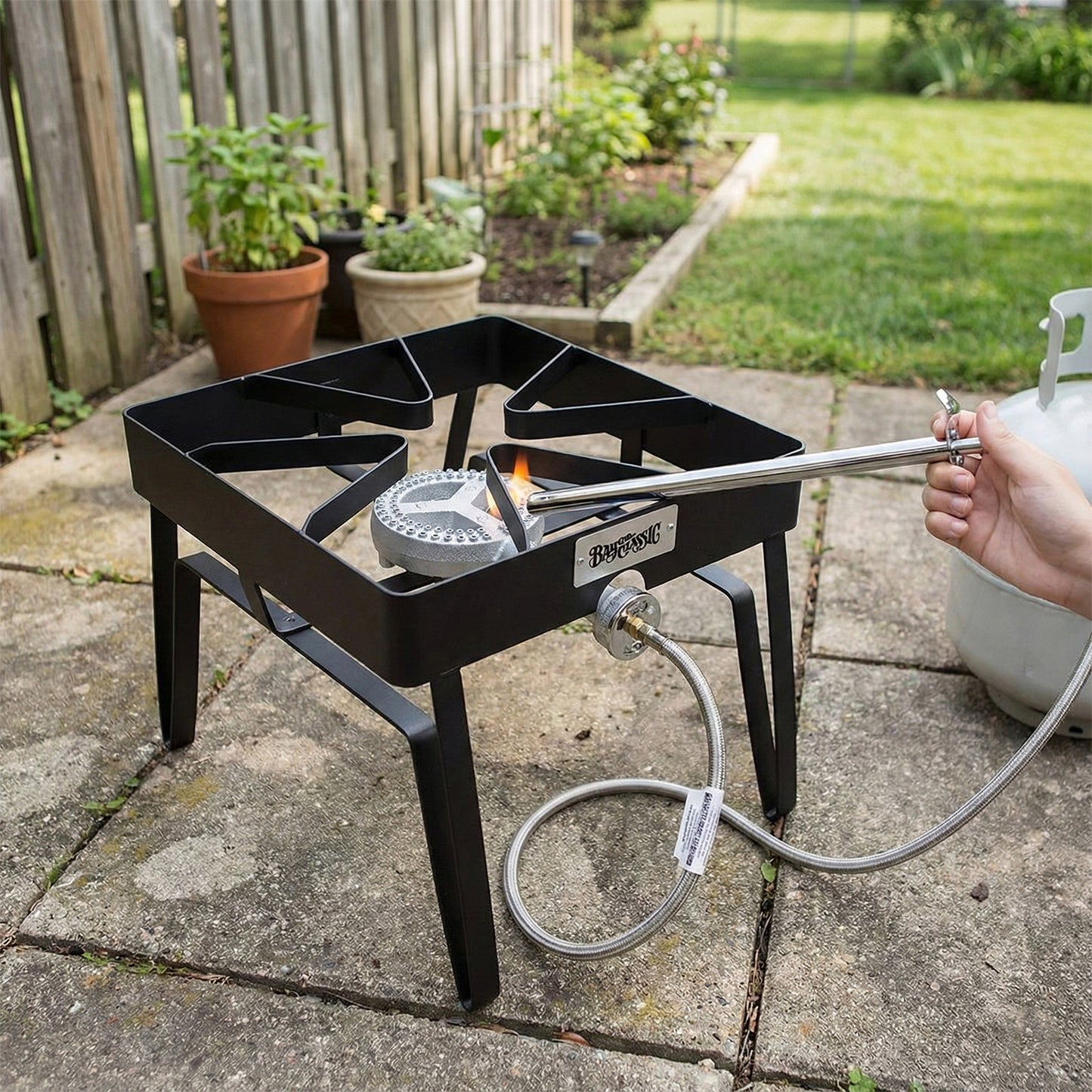 Wukusy long stainless-steel gas stove lighter, 1 foot in length, with a sleek metallic handle and ignition button for easy lighting.