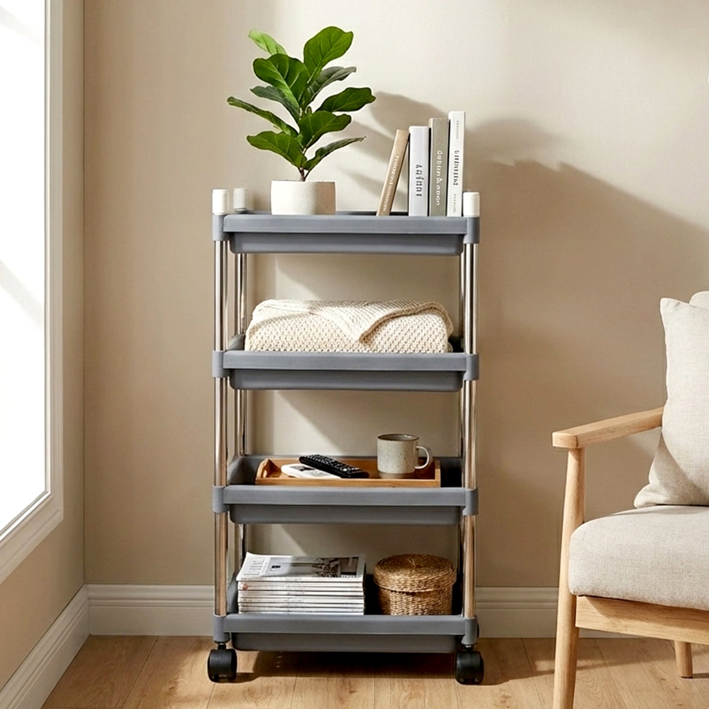 Wukusy 4-layer rolling storage cart with wheels, compact metal frame, and colorful plastic shelves for home organization.