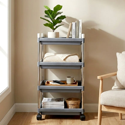 Wukusy 4-layer rolling storage cart with wheels, compact metal frame, and colorful plastic shelves for home organization.