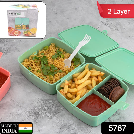 Wukusy double-layer square plastic lunch box with four compartments, push lock, and spoon for travel, school, office, and home use.