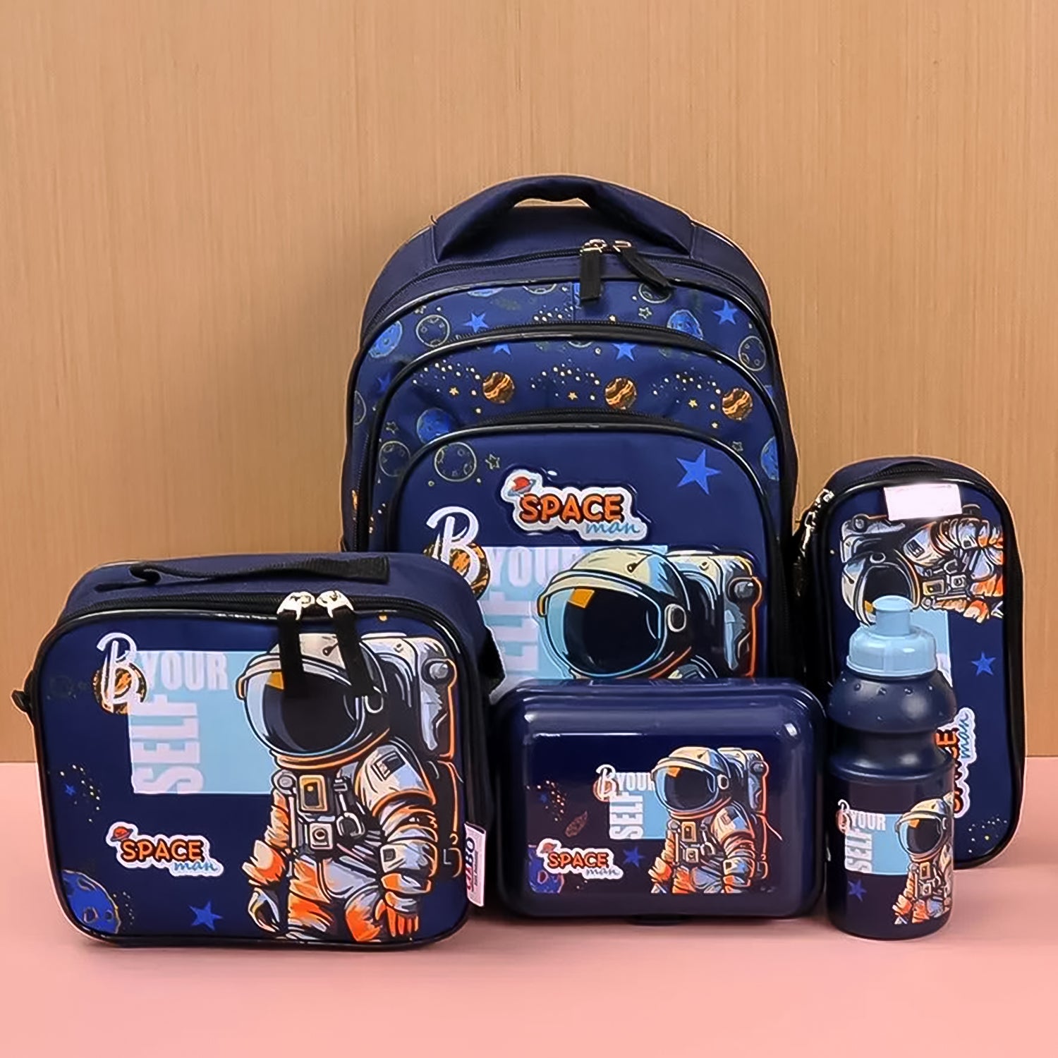 Wukusy 5-in-1 school bag set with 14-inch backpack, lunch bag, water bottle, and pencil case in mixed colors