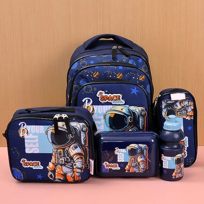 Wukusy 5-in-1 school bag set with 14-inch backpack, lunch bag, water bottle, and pencil case in mixed colors