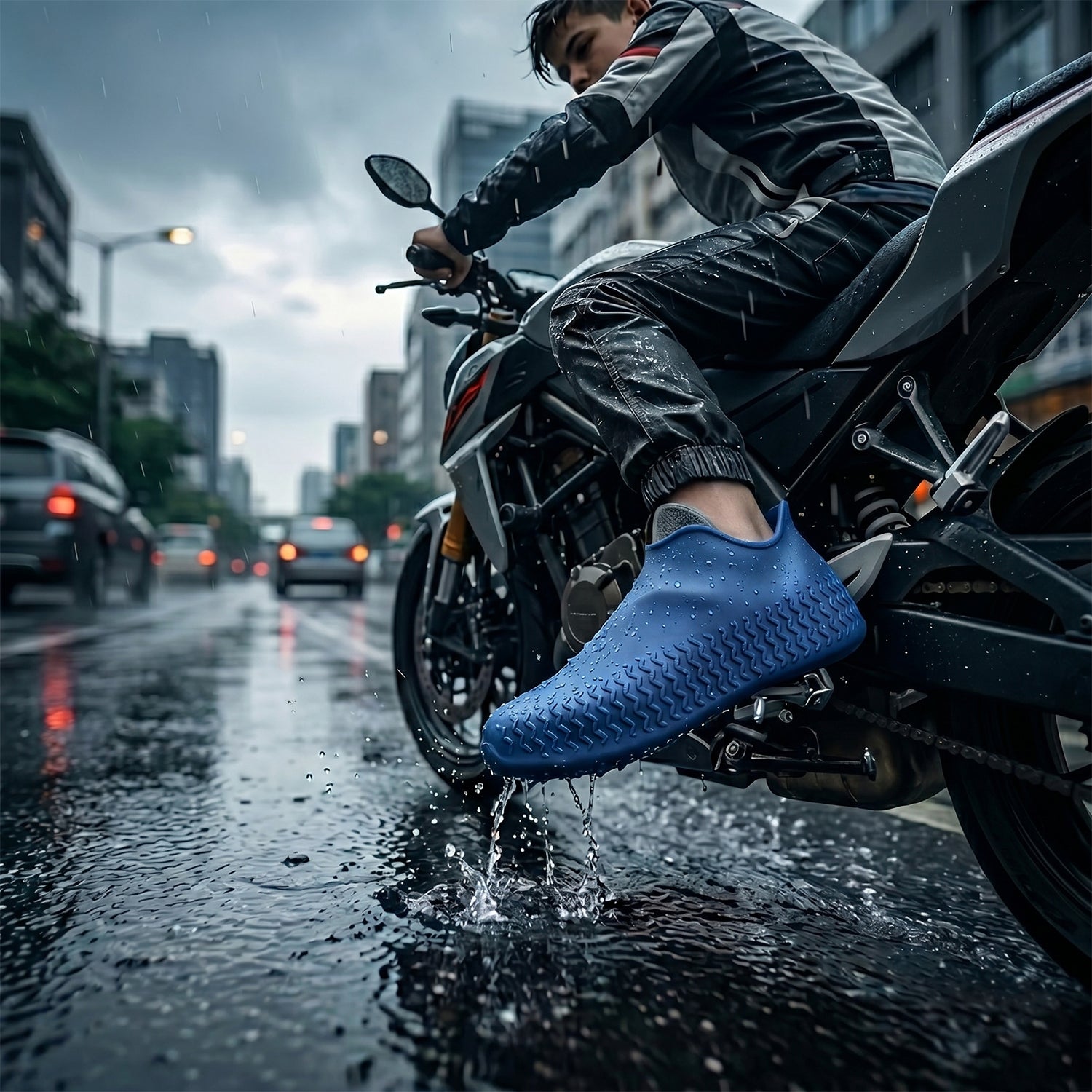 Pair of blue Wukusy reusable waterproof silicone rain shoe covers for small sizes, non-slip design, shown in the image