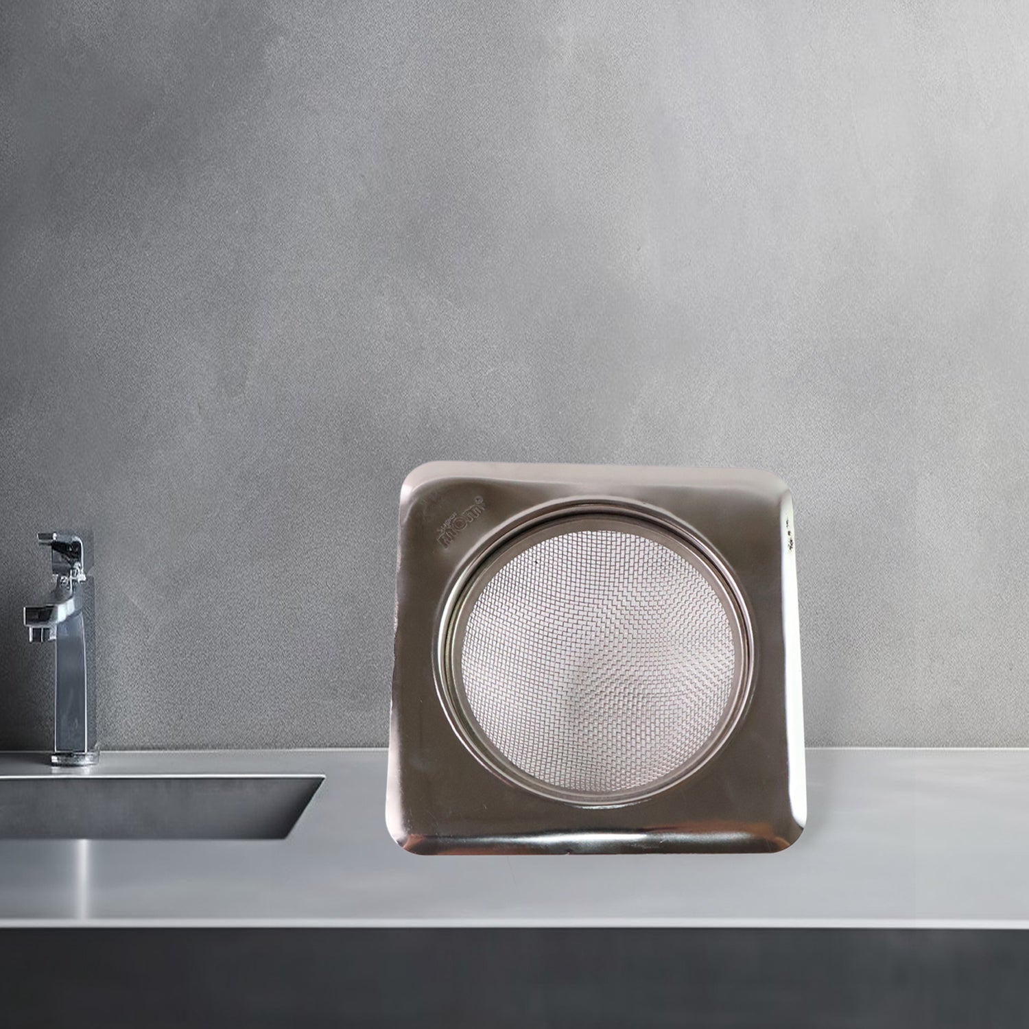 Wukusy stainless steel square sink strainer showing mesh and rim design for kitchen sink drainage.