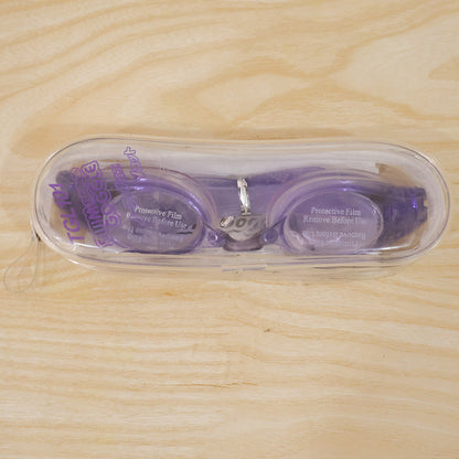 Kids lightweight swimming goggles by Wukusy with flexible frame and leak-proof seal, shown on a child in swimming pool gear.