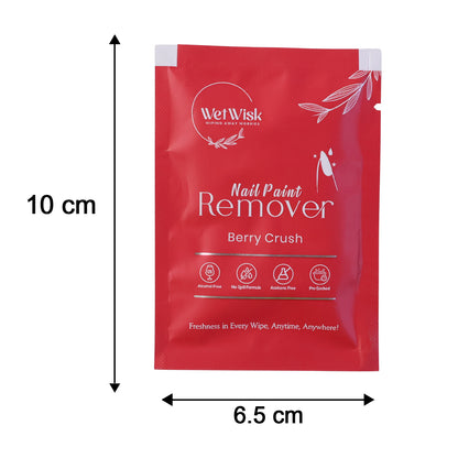 Wukusy acetone-free nail paint remover wet wipe showing gentle nail care formula and soft wipe in packaging.