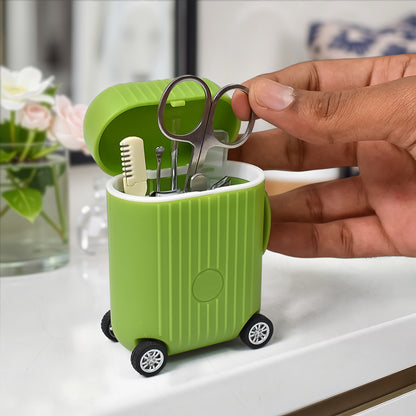 Wukusy 8-piece manicure and pedicure kit with foot nail clippers and tools in a mini four-wheel suitcase trolley.