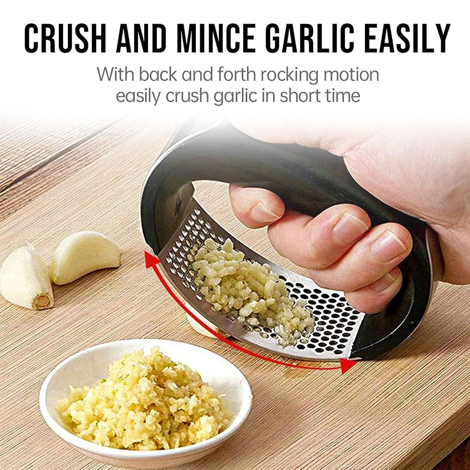 Wukusy heavy-duty garlic press tool with built-in spoon, stainless steel construction, showing the press and included spoon set.