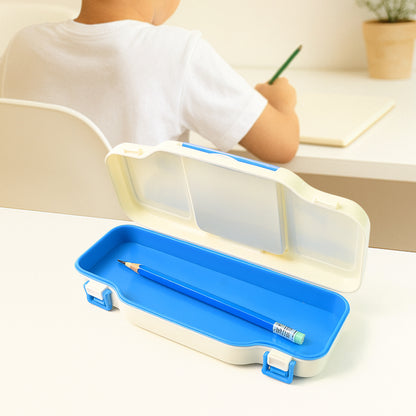 Kids pencil box by Wukusy with built-in tic tac toe game, featuring colorful plastic design and compartments for stationery.