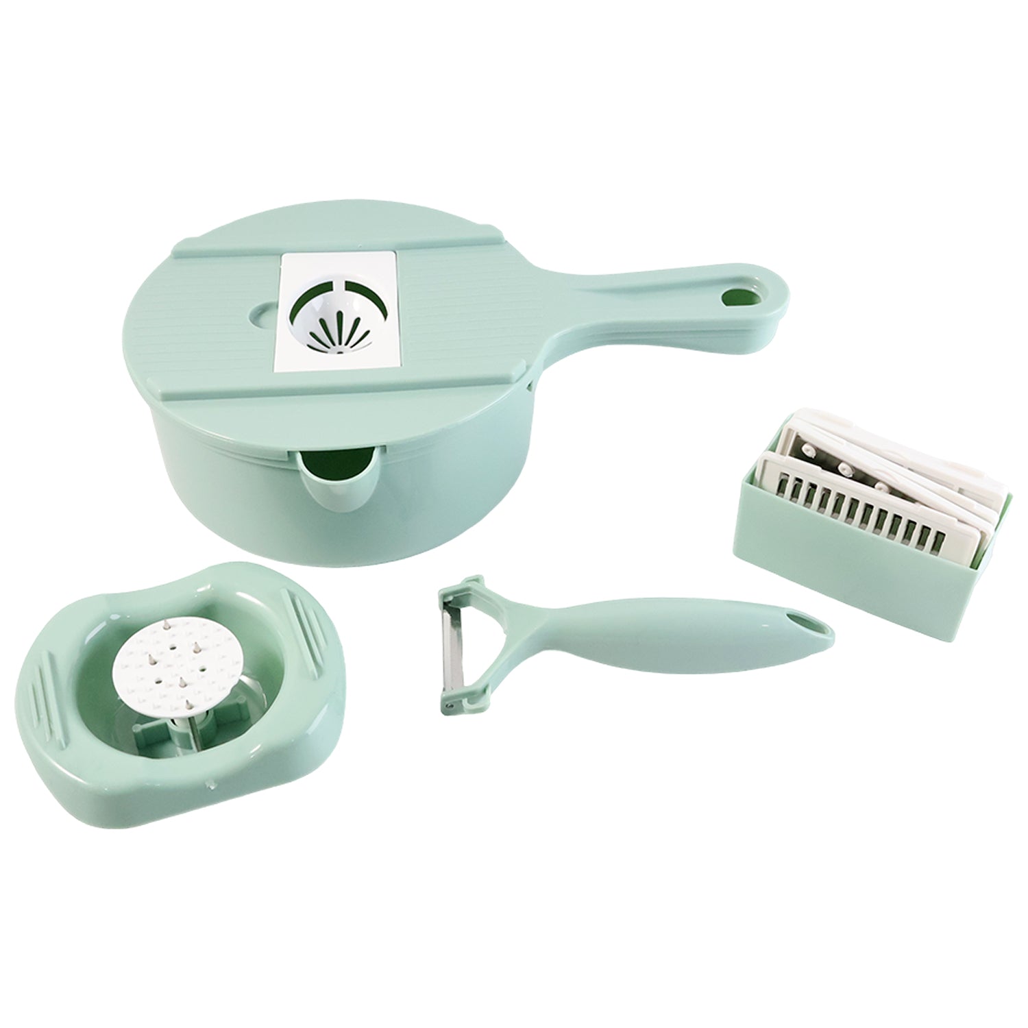 Wukusy multi-function vegetable cutter and grater set with various blades for slicing, shredding, and grating vegetables.
