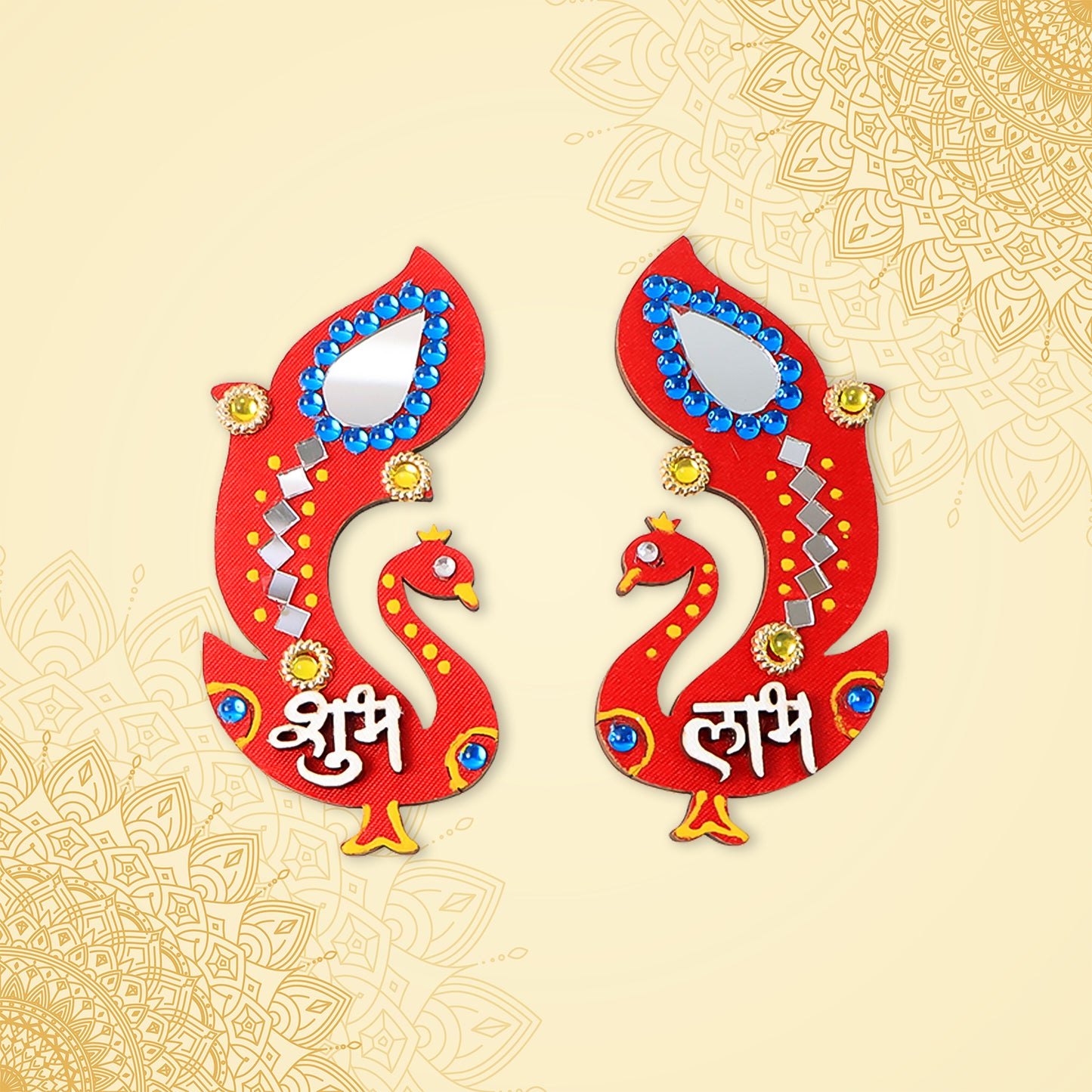 Decorative wooden Shubh Labh wall hanging for home decor, featuring traditional Indian design in natural wood finish.