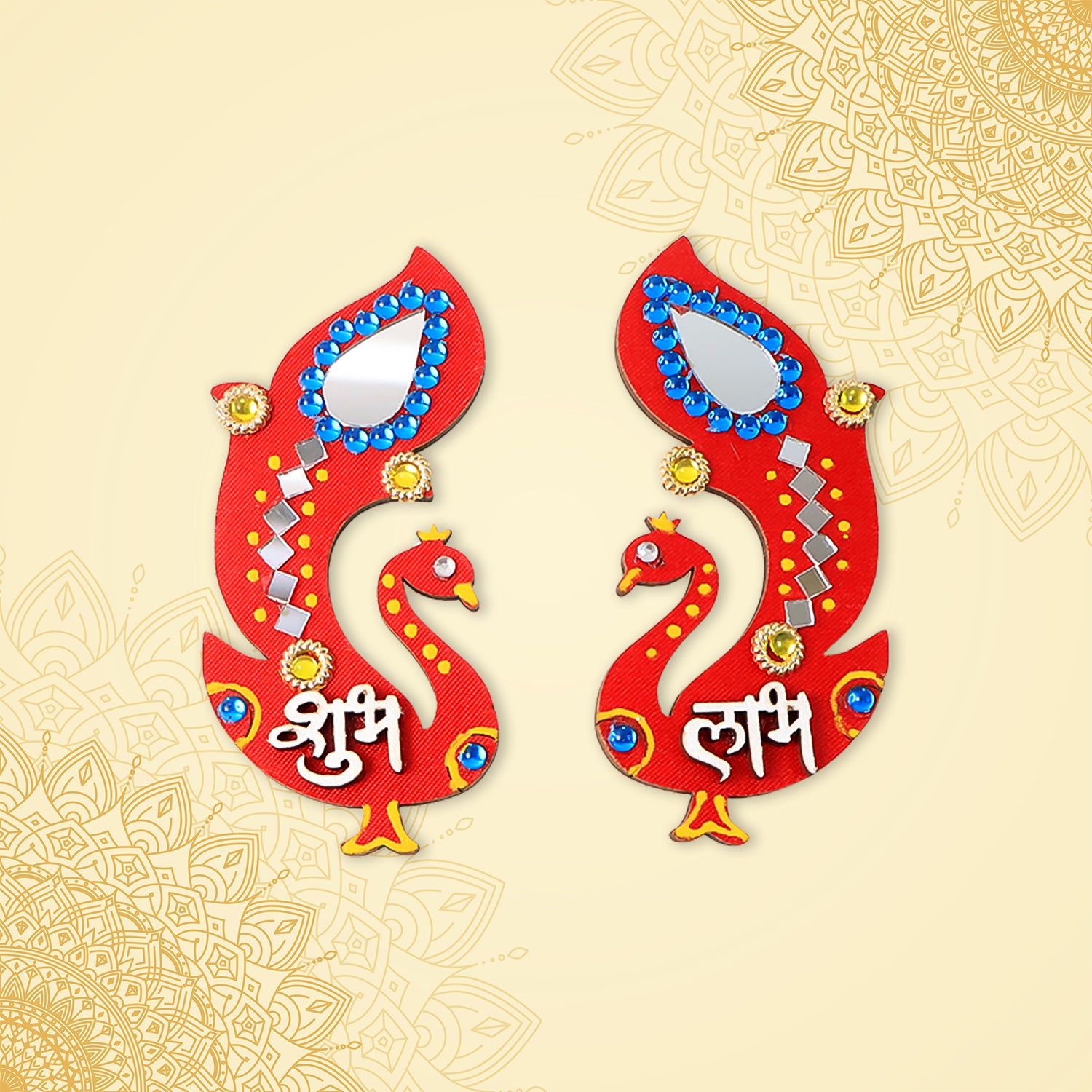Decorative wooden Shubh Labh wall hanging for home decor, featuring traditional Indian design in natural wood finish.