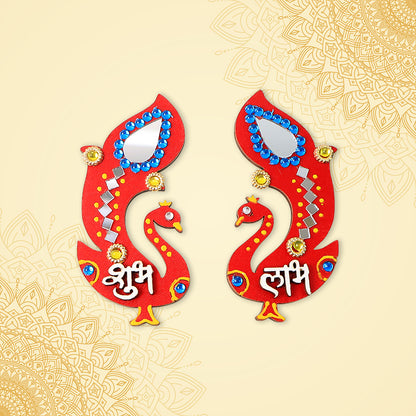 Decorative wooden Shubh Labh wall hanging for home decor, featuring traditional Indian design in natural wood finish.