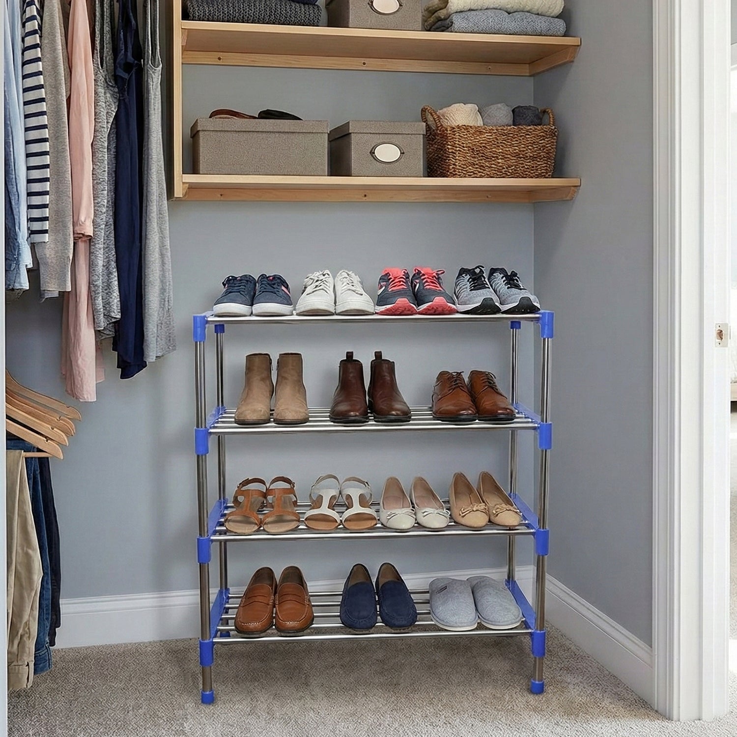 Wukusy 4-layer shoe rack organizer set with multiple compartments, ideal for home shoe storage and organization.