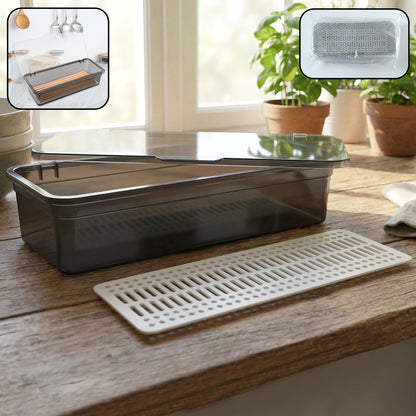 Wukusy multipurpose kitchen sink organizer tray, 27x12 cm, with compartments for utensils and cleaning supplies.
