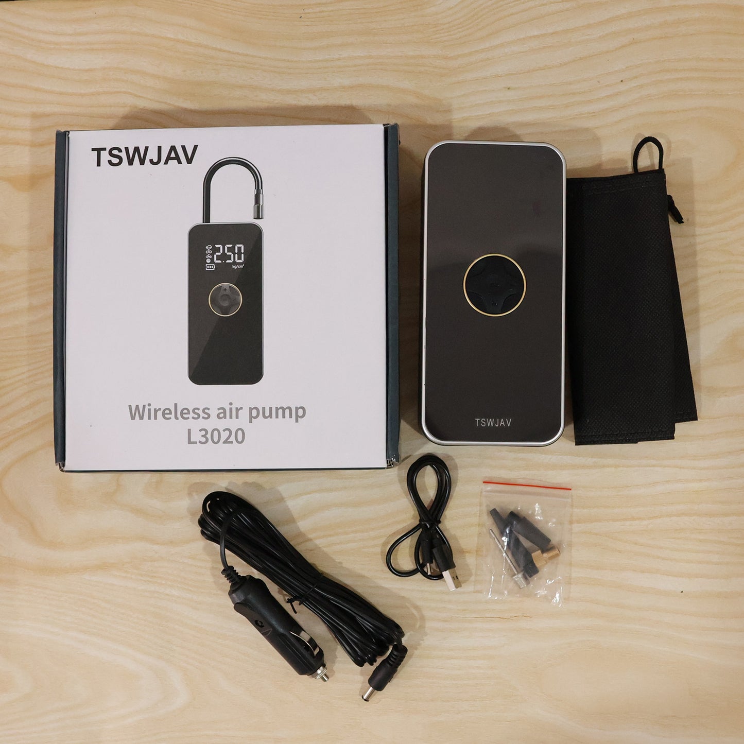 Wukusy portable electric car tyre air pump with rechargeable wireless inflator showing compact design and digital pressure display