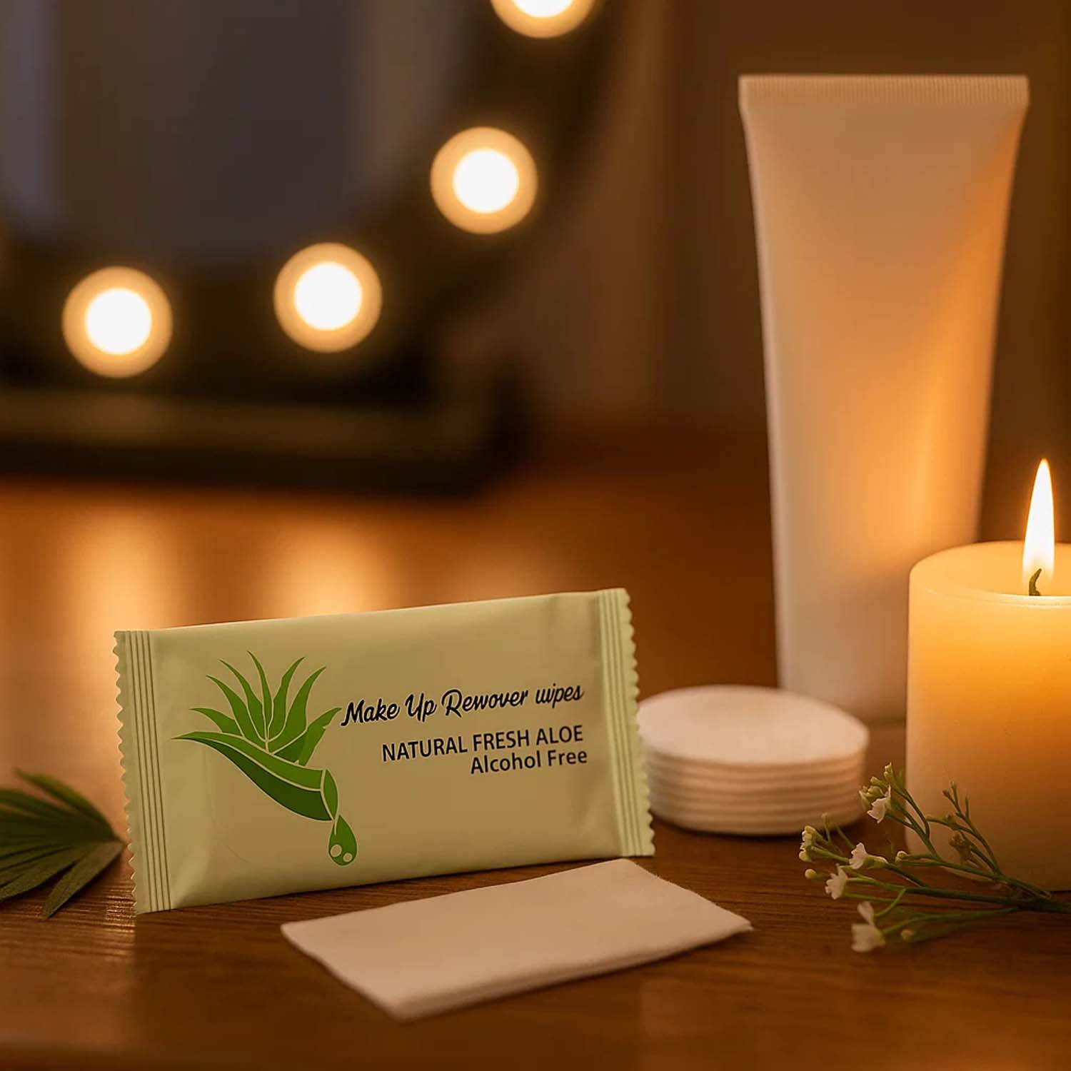 Wukusy Premium Natural Aloe Makeup Remover Wipe showing a single white wipe with aloe vera extract on a clean background.