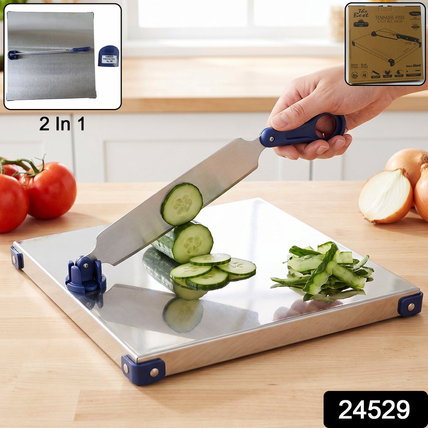 Wukusy stainless steel 2-in-1 cutting and chopping board set with knife and finger guard, shown with knife and safety features.