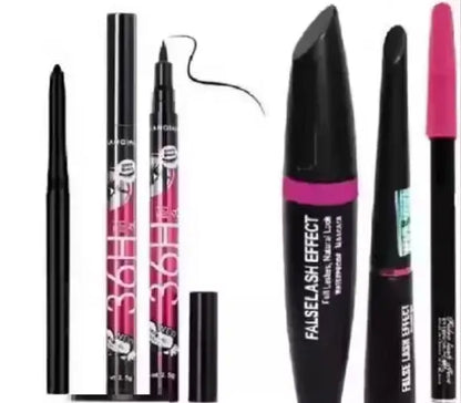 Set of five all-in-one waterproof eyeliners, mascaras, and eyebrow pencils by ekom with kajal for versatile eye makeup.