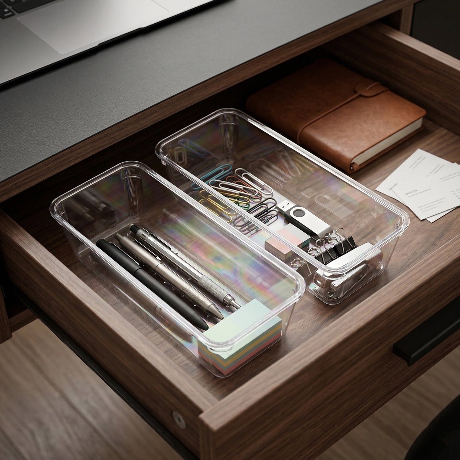 Wukusy 8-in-1 drawer organizer storage tray set showing various compartments for utensils, office supplies, and small items.