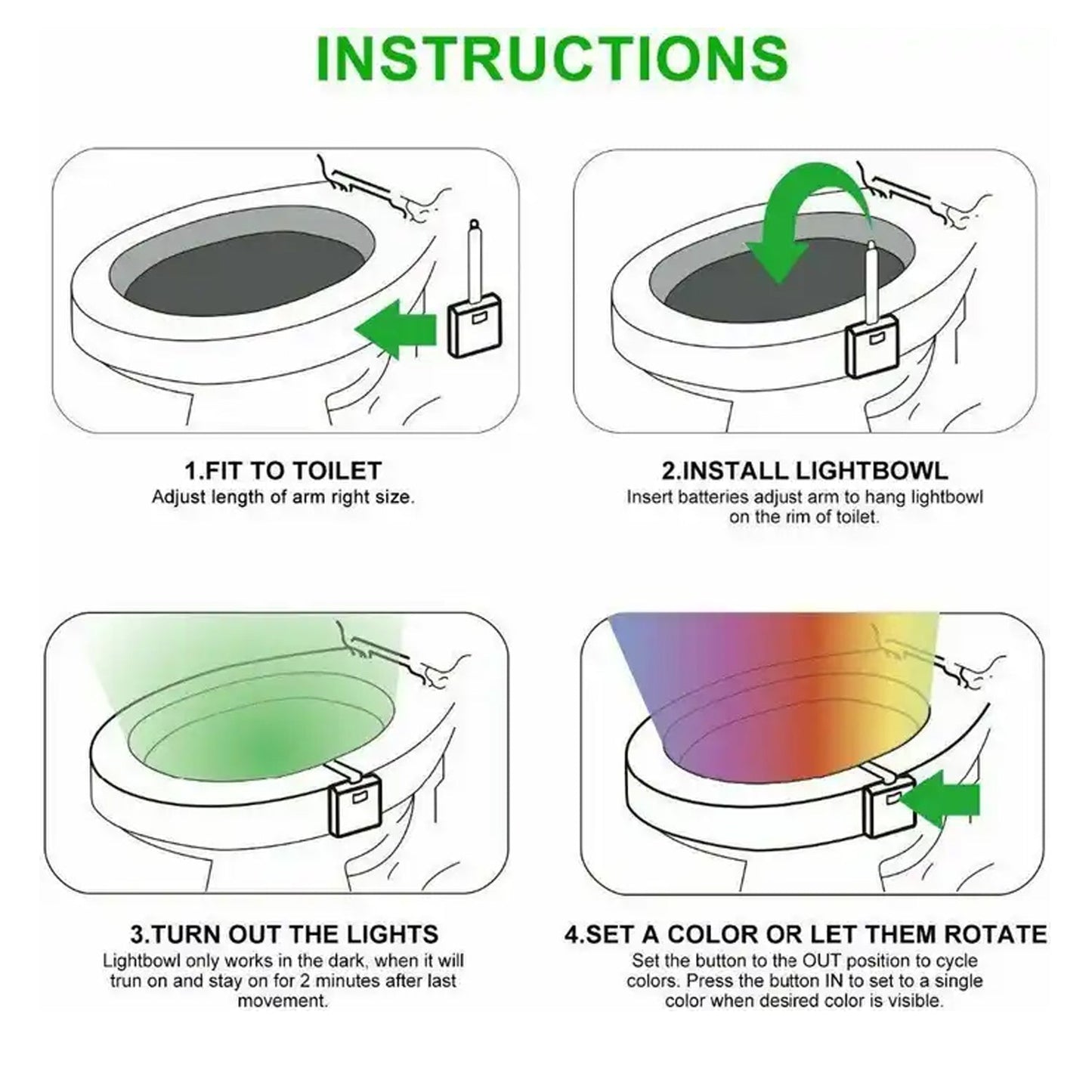 Wukusy LED toilet bowl light installed inside a bathroom toilet, illuminating the bowl with colorful LED glow, battery not included.