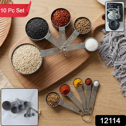 Wukusy plastic measuring cups and spoons set for kitchen baking and cooking, includes various sizes for precise measurements.