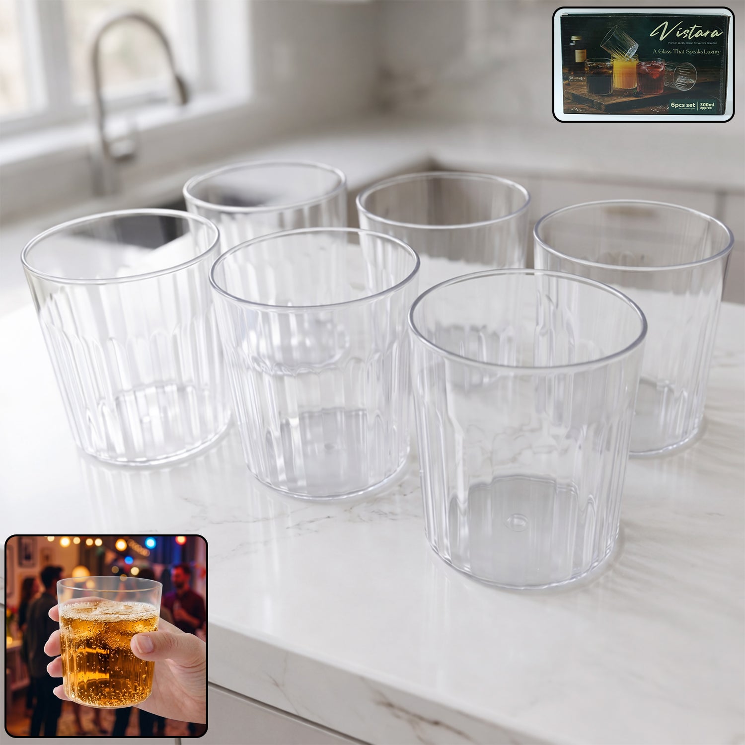 Six clear Wukusy premium transparent drinking glasses, 300ml each, arranged on a table for serving beverages.
