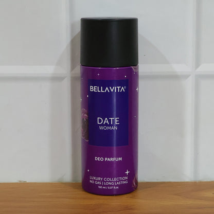 Bellavita Date Woman deodorant body spray by Wukusy, 150ml bottle with floral and fruity scent design.