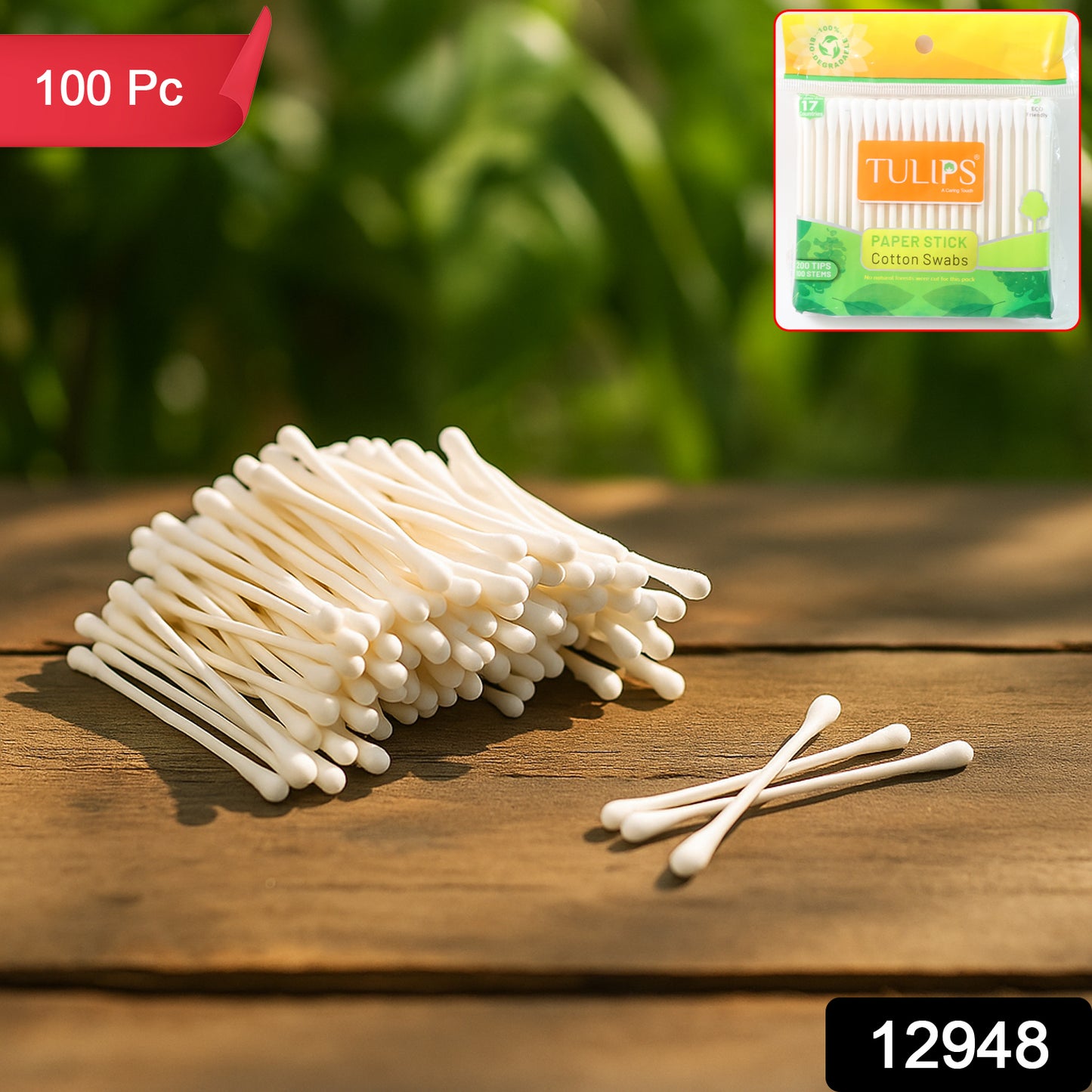 Wukusy paper-stick cotton swabs set with 100 disposable cotton swabs for health and beauty use, showing the swabs with white tips and paper sticks.