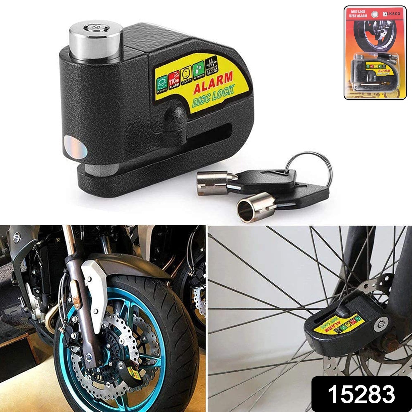 Wukusy alarm disc lock for motorbikes, anti-theft disc brake lock with two keys, securely attaches to motorcycle disc brake.