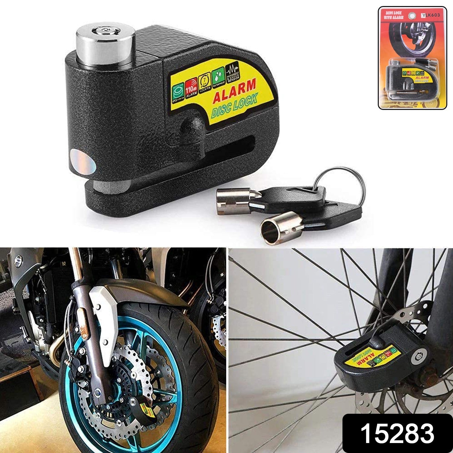 Wukusy alarm disc lock for motorbikes, anti-theft disc brake lock with two keys, securely attaches to motorcycle disc brake.