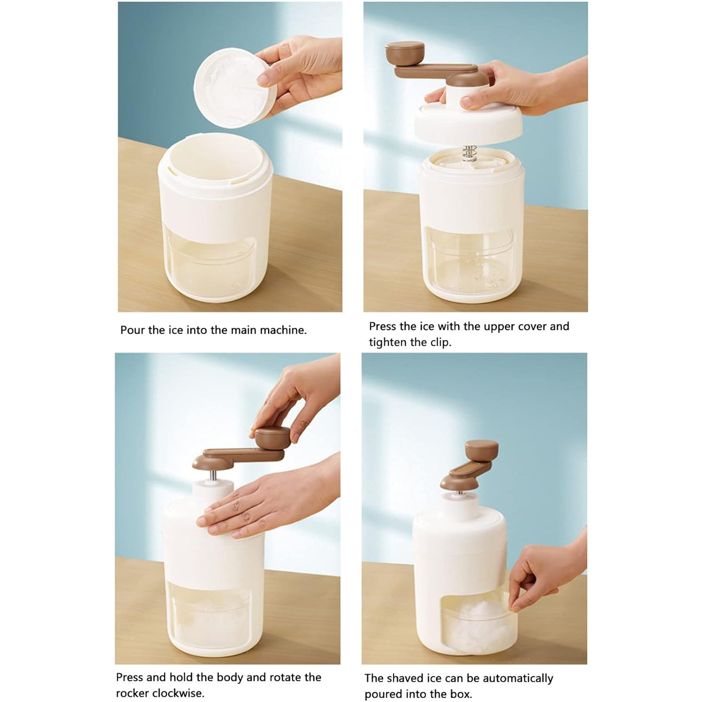 Wukusy portable Gola maker ice crusher and shaved ice machine for home use, with manual operation and compact design.